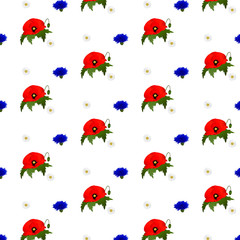 Fototapeta na wymiar Seamless pattern with chamomile, cornflowers and poppies flowers