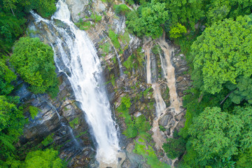 Fototapeta na wymiar Aerial view of Wachirathan waterfall in rainy season at Doi Inthanon national park, Chian Mai, Thailand