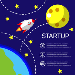 Business startup, new project. Flat design style modern vector illustration. Rocket flying from Earth to Moon