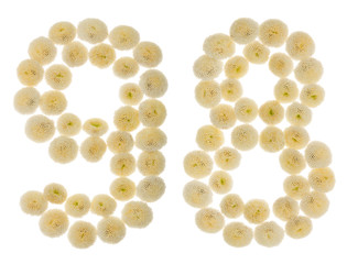 Arabic numeral 98, ninety eight, from cream flowers of chrysanthemum, isolated on white background