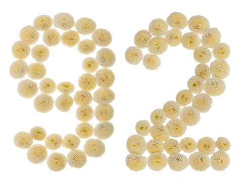 Arabic numeral 92, ninety two, from cream flowers of chrysanthemum, isolated on white background