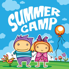 Colorful floral poster with little children boy and girl, bird, baloon. Summer location playground.  Template for advertising brochure, website banners, kids party invitation, summer art camp