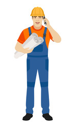 Builder holding the project plans and talking on the mobile phone