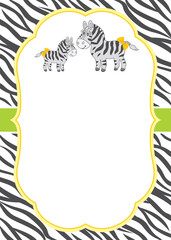 Vector Card Template with Cute Cartoon Zebras on Stripes Background. 