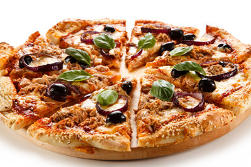 Pizza with tuna on white background 