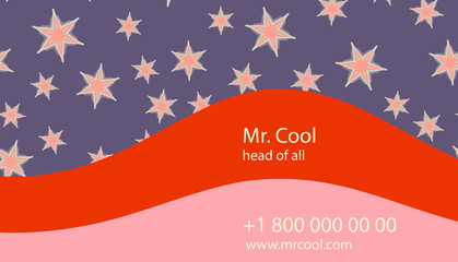 Vector violet dark red abstract creative business card with stars and bended lines