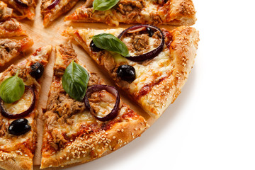 Pizza with tuna on white background 