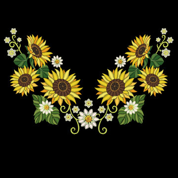 Embroidery design. Embroidered collection of sunflowers and daisy flowers for fabric pattern, textile print, patch or sticker. Symmetric floral elements for dress neckline, collar t-shirt or blouse.