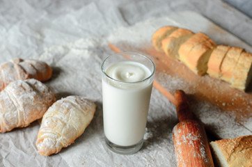 Still life of milk and bread products.