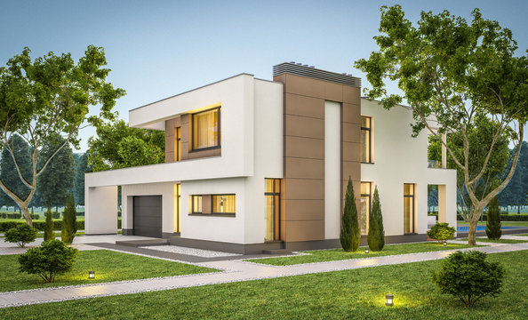 3d rendering of modern house at evening