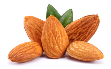 almond with green leaf isolated on white background
