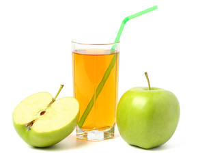 Fototapeta na wymiar Green apple with juice isolated on white background