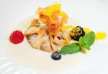 Apple strudel with molecular sweet caviar