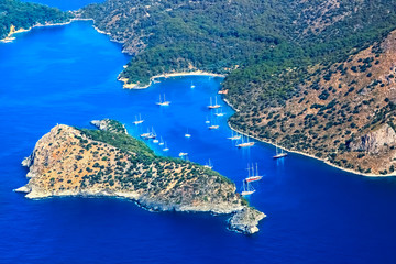 View from above with a paraglider on the bay of the blue lagoon. Turkey. Oludeniz.