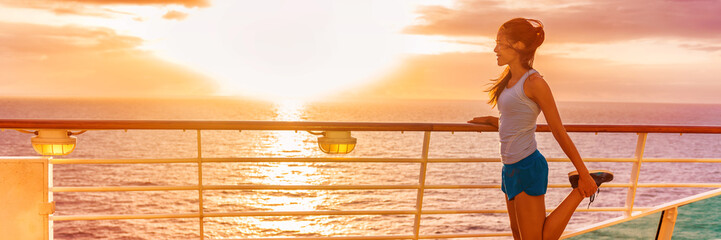 Cruise ship vacation healthy active running lifestyle. Fitness runner woman stretching leg warm-up before exercise on outdoor deck of cruise ship boat. Woman enjoying Caribbean holiday. © Maridav