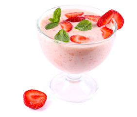 Healthy strawberry yogurt with mint leaves and fresh berries isolated on white background