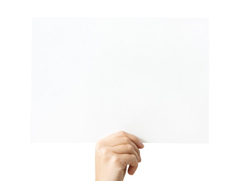 hand holding blank paper isolated