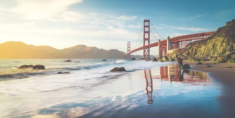 Rolgordijnen Baker Beach, San Francisco Golden Gate Bridge bij zonsondergang, San Francisco, Californië, VS
