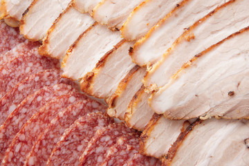Salami and ham sliced in thin pieces