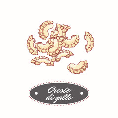 Hand drawn pasta creste di gallo isolated on white. Element for restaurant or food package design