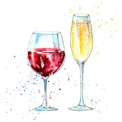 Glass of a champagne and red wine. Picture of a alcoholic drink.Watercolor hand drawn illustration.