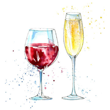 Glass of a champagne and red wine. Picture of a alcoholic drink.Watercolor hand drawn illustration.