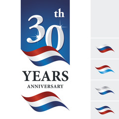 Anniversary 30 th years celebrating logo red white blue ribbon