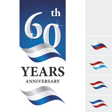 Anniversary 60 th years celebrating logo silver white blue ribbon