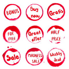 Great offer collection of round watercolor stains with bonus, buy now, gratis, for free, great offer, half price, madness, weekly deal, sale text. Set of vector Great offer stamps.