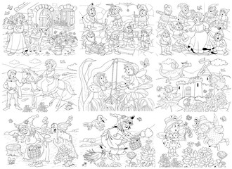 Collection of cute fairy tale illustrations. Coloring page. Coloring book.  Funny cartoon characters