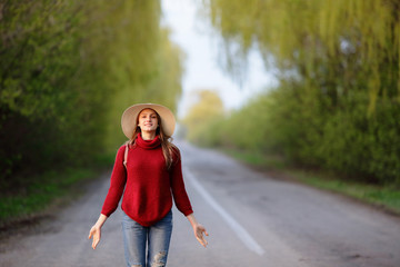 Smiling woman on road, happy travel, resting, walking