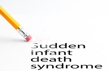 Closeup of pencil eraser and black sudden infant death syndrome text. Sudden infant death syndrome. Pencil with eraser.
