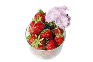 Strawberry with pink flowers in a glass cup on a white background. Isolate. View from above.