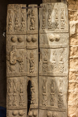 Wooden sculptures on Dogon doors in Sangha, Mali, Africa