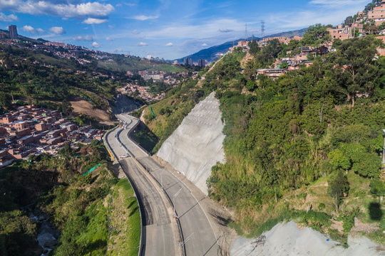 Aerial view of a highway under construction in Medellin, Colombia