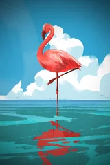 Tuinposter Flamigo standing on the sea against summer blue sky with digital art style, illustration painting © grandfailure