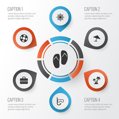 Season Icons Set. Collection Of Beach Sandals , Parasol, Baggage Elements. Also Includes Symbols Such As Sun, Hot, Umbrella.