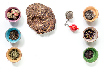 Different kinds of herbal tea on white background top view mockup