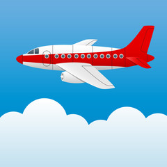 Fototapeta premium Varicolored plane on a background of blue sky and white clouds. Cartoon style. Vector Image.