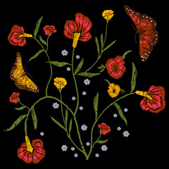 Embroidery floral pattern with poppies and butterflies. Vector traditional native bouquet. Tribal style design for fashion wearing.