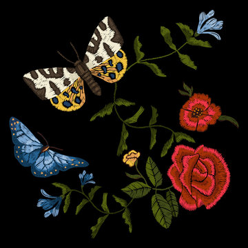 Embroidery floral pattern with rose and garden tiger moth. Vector traditional native bouquet. Tribal style design for fashion wearing.