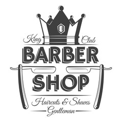 Crown and two razors, barber shop vintage label, badge, or emblem