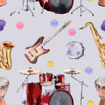 Background musical instruments. Seamless pattern. 
