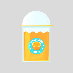 A glass of fresh orange juice in a glass bowl with a product logo. Transparent glass closed with a round lid. Design of packaging for juice. Isolated on gradient background..