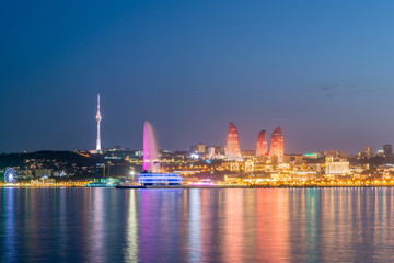 Night view of Baku Azerbaijan during sunset