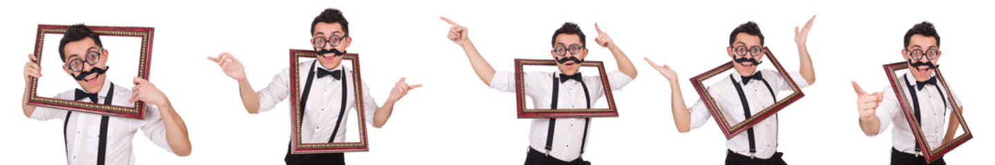 Young man with frame isolated on white