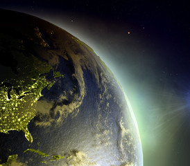 East coast of North America from space in sunrise