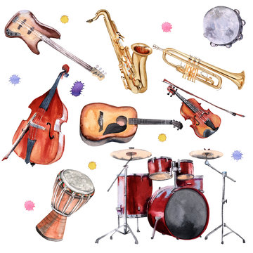 Musical instruments. Saxophone, drums, double bass, guitars, violin and trumpet. 