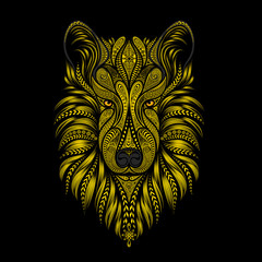 Symbol of Chinese new year 2018. Yellow vector dog of beautiful patterns on a black background