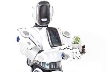 Robot keeping flowerpot with herb